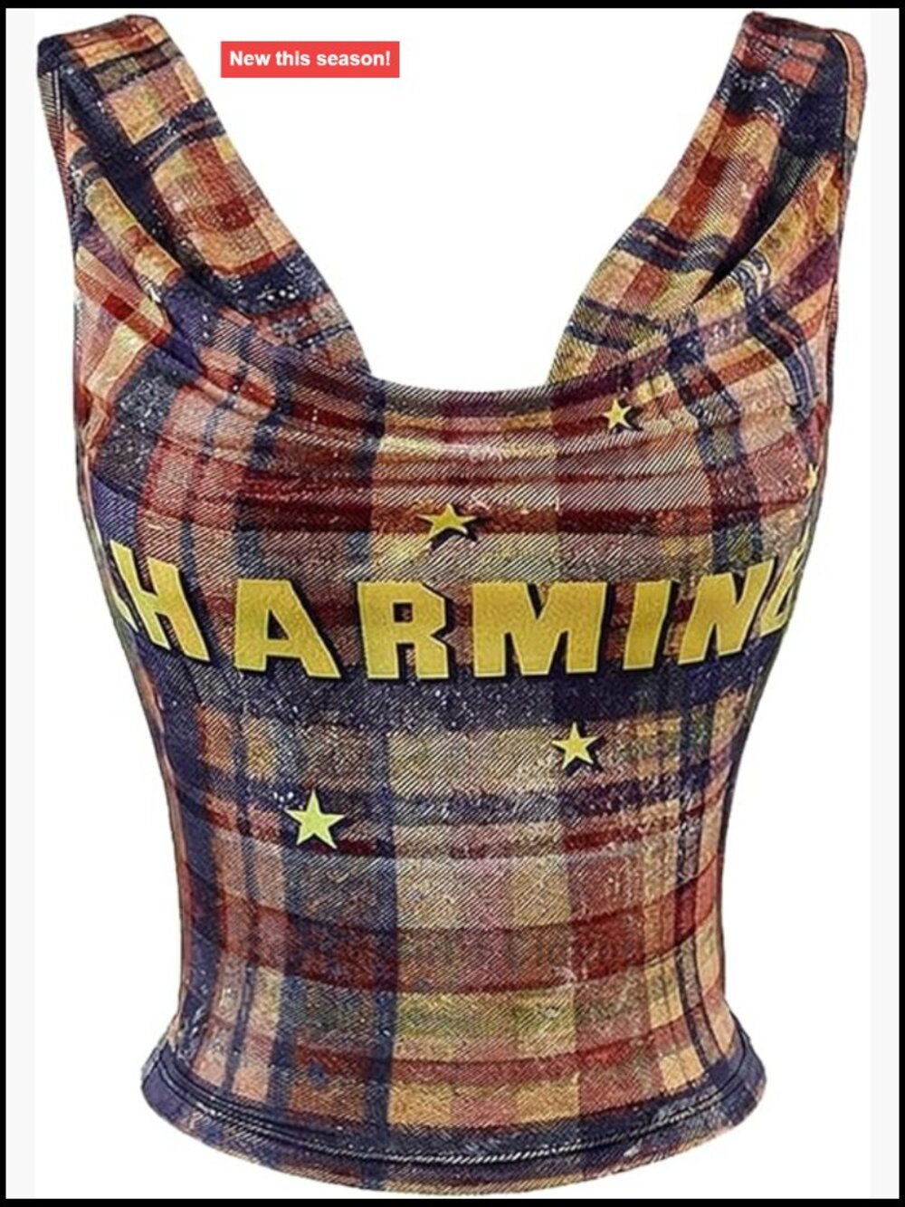 Y2K Plaid Cowl Neck Crop Top Sleeveless Grunge Concert